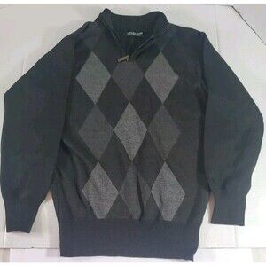 Sahara Club Mens Argyle Sweater xtra Small Black Grey Geometric 1/4 Zip Pullover